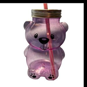 pack of 9 plastic pink clear bear-shaped cups w lids & straws party favor